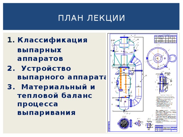 План ЛЕКЦИИ Классификация  выпарных аппаратов 2. Устройство выпарного аппарата 3. Материальный и тепловой баланс процесса выпаривания 