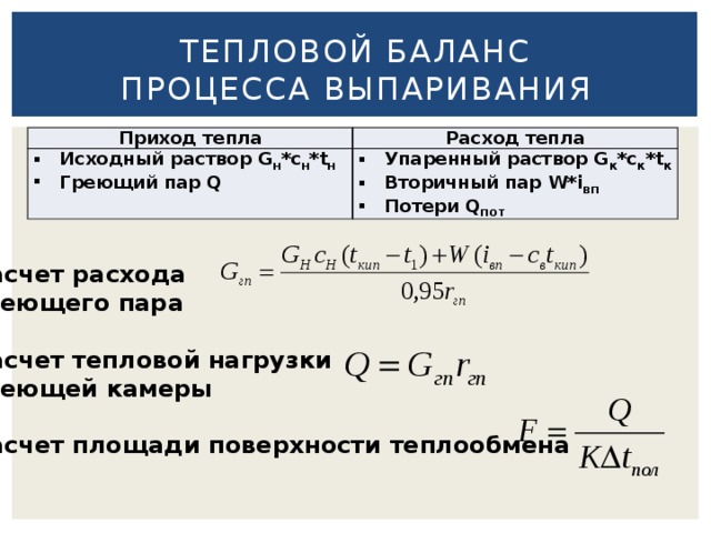 Тепловой баланс  процесса выпаривания Приход тепла Расход тепла Исходный раствор G H *c H *t H Греющий пар Q Упаренный раствор G К *c К *t К Вторичный пар W*i ВП Потери Q ПОТ Расчет расхода  греющего пара  Расчет тепловой нагрузки греющей камеры  Расчет площади поверхности теплообмена  