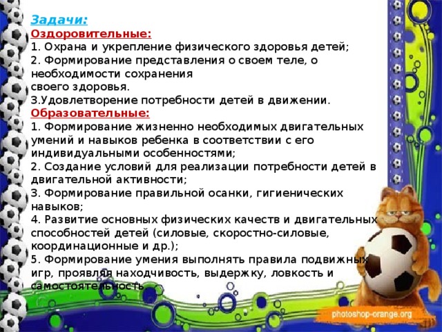   Задачи: Оздоровительные: 1. Охрана и укрепление физического здоровья детей; 2. Формирование представления о своем теле, о необходимости сохранения своего здоровья. 3.Удовлетворение потребности детей в движении. Образовательные: 1. Формирование жизненно необходимых двигательных умений и навыков ребенка в соответствии с его индивидуальными особенностями; 2. Создание условий для реализации потребности детей в двигательной активности; 3. Формирование правильной осанки, гигиенических навыков; 4. Развитие основных физических качеств и двигательных способностей детей (силовые, скоростно-силовые, координационные и др.); 5. Формирование умения выполнять правила подвижных игр, проявляя находчивость, выдержку, ловкость и самостоятельность. 