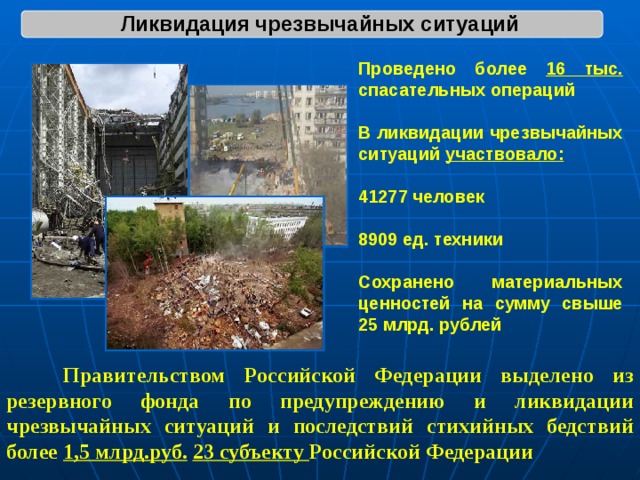 Ликвидация чрезвычайных ситуаций Проведено более 16 тыс. спасательных операций  В ликвидации чрезвычайных ситуаций участвовало:  41277 человек  8909 ед. техники  Сохранено материальных ценностей на сумму свыше 25 млрд. рублей  Правительством Российской Федерации выделено из резервного фонда по предупреждению и ликвидации чрезвычайных ситуаций и последствий стихийных бедствий более 1,5 млрд.руб.  23 субъекту Российской Федерации 
