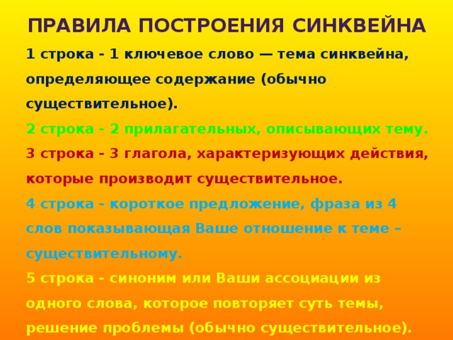 Правила построения синквейна 1 строка - 1 ключевое слово — тема синквейна, определяющее содержание (обычно существительное). 2 строка - 2 прилагательных, описывающих тему. 3 строка - 3 глагола, характеризующих действия, которые производит существительное. 4 строка - короткое предложение, фраза из 4 слов показывающая Ваше отношение к теме – существительному. 5 строка - синоним или Ваши ассоциации из одного слова, которое повторяет суть темы, решение проблемы (обычно существительное). 