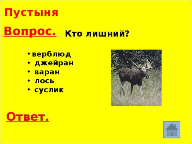 Пустыня Вопрос. Кто лишний? верблюд  джейран  варан  лось  суслик Блюд, Ответ.  