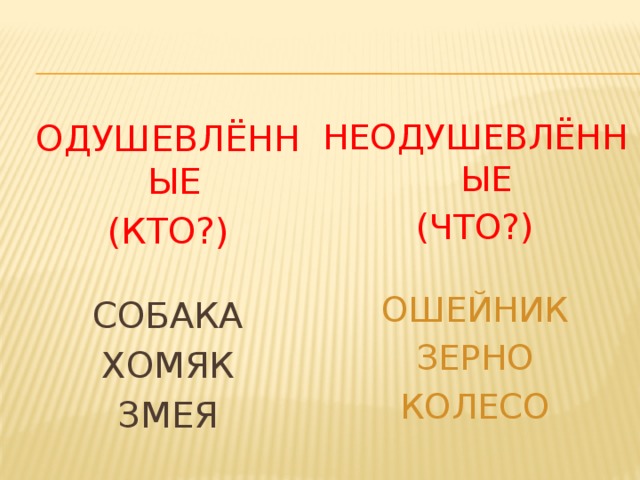 НЕОДУШЕВЛЁННЫЕ ОДУШЕВЛЁННЫЕ (КТО?) (ЧТО?) СОБАКА ОШЕЙНИК ХОМЯК ЗЕРНО ЗМЕЯ КОЛЕСО 