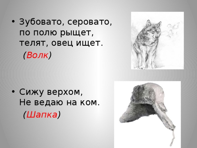 Зубовато, серовато,  по полю рыщет,  телят, овец ищет.  ( Волк ) Сижу верхом,  Не ведаю на ком.  ( Шапка ) 