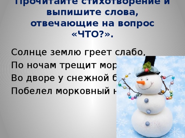 Прочитайте стихотворение и выпишите слова, отвечающие на вопрос «ЧТО?». Солнце землю греет слабо, По ночам трещит мороз, Во дворе у снежной бабы Побелел морковный нос. 