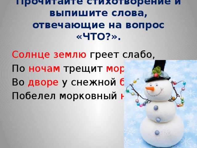 Прочитайте стихотворение и выпишите слова, отвечающие на вопрос «ЧТО?». Солнце землю греет слабо, По ночам трещит мороз , Во дворе у снежной бабы Побелел морковный нос . 
