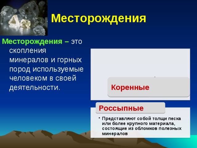 Месторождения Месторождения – это скопления минералов и горных пород используемые человеком в своей деятельности. Образуются в результате тектонических процессов в земной коре Образуются в результате тектонических процессов в земной коре Коренные Россыпные Представляют собой толщи песка или более крупного материала, состоящие из обломков полезных минералов Представляют собой толщи песка или более крупного материала, состоящие из обломков полезных минералов 