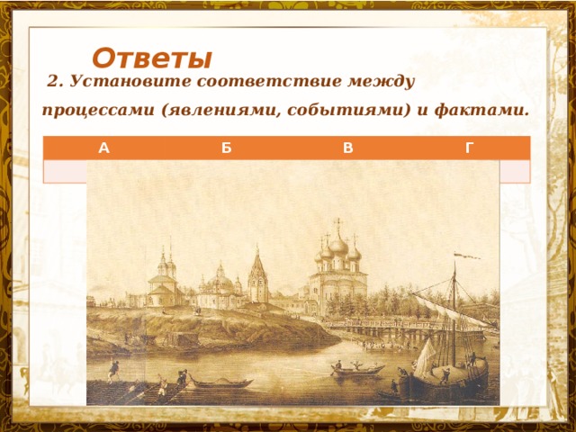 Ответы   2. Установите соответствие между процессами (явлениями, событиями) и фактами.   А Б 2 5 В Г 4 3 Название презентации 