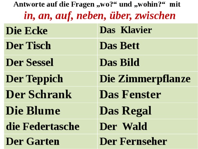 Antworte auf die Fragen „wo?“ und „wohin?“ mit  in, an, auf, neben, über, zwischen Die Ecke Das Klavier Der Tisch Das Bett Der Sessel Das Bild Der Teppich Die Zimmerpflanze Der Schrank Die Blume Das Fenster Das Regal die Federtasche Der Wald Der Garten Der Fernseher 