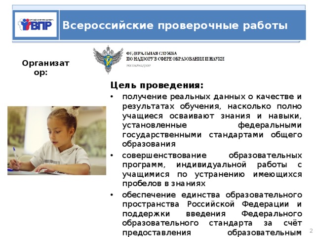   ВПР Всероссийские проверочные работы Организатор:  Цель проведения: получение реальных данных о качестве и результатах обучения, насколько полно учащиеся осваивают знания и навыки, установленные федеральными государственными стандартами общего образования совершенствование образовательных программ, индивидуальной работы с учащимися по устранению имеющихся пробелов в знаниях обеспечение единства образовательного пространства Российской Федерации и поддержки введения Федерального образовательного стандарта за счёт предоставления образовательным организациям единых материалов и критериев оценивания учебных достижений  