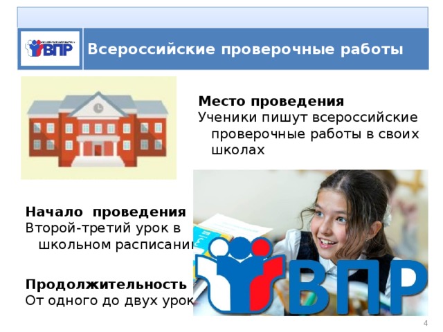   ВПР Всероссийские проверочные работы Место проведения Ученики пишут всероссийские проверочные работы в своих школах Начало проведения Второй-третий урок в школьном расписании Продолжительность От одного до двух уроков  