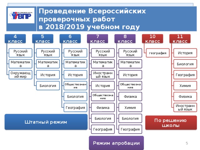   ВПР Проведение Всероссийских проверочных работ  в 2018/2019 учебном году 4 класс 7 класс 10 класс 8 класс 11 класс 5 класс 6 класс Русский язык История Русский язык география Русский язык Русский язык Русский язык Математика Математика Математика Биология Математика Математика Окружающий мир Иностранный язык География История История История Химия Обществознание История Биология Обществознание Физика Обществознание Биология Физика Иностранный язык Химия Физика География Биология Биология Штатный режим По решению школы География География Режим апробации 5 