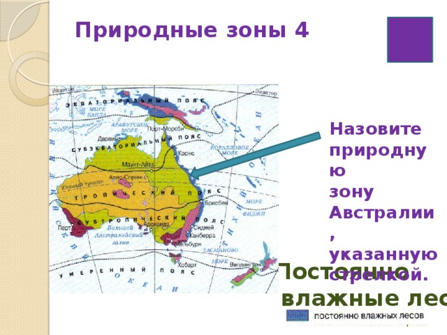 Природные зоны 4   Назовите природную зону Австралии, указанную стрелкой. Постоянно  влажные леса 