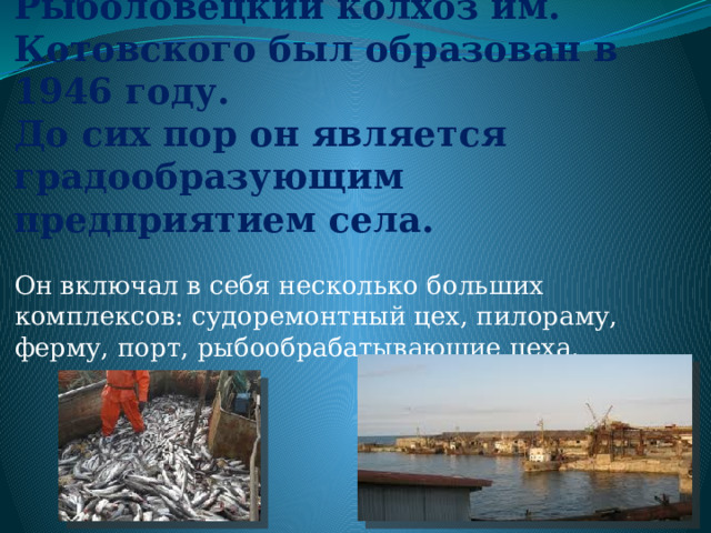 Рыболовецкий колхоз им. Котовского был образован в 1946 году.  До сих пор он является градообразующим предприятием села. Он включал в себя несколько больших комплексов: судоремонтный цех, пилораму, ферму, порт, рыбообрабатывающие цеха. 