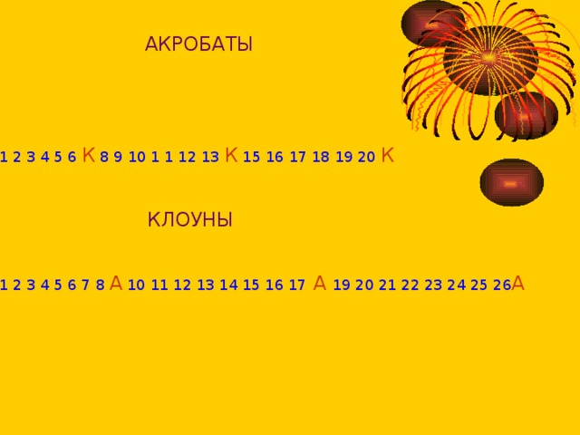 АКРОБАТЫ 1 2 3 4 5 6  К  8 9 10 1 1 12 13  К  15 16 17 18 19 20  К  КЛОУНЫ 1 2 3 4 5 6 7 8  А  10 11 12 13 14 15 16 17  А  19 20 21 22 23 24 25 26 А  А 