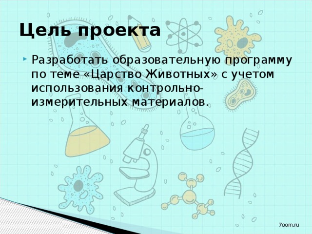 Цель проекта Разработать образовательную программу по теме «Царство Животных» с учетом использования контрольно-измерительных материалов. 