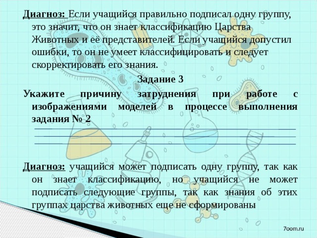 Диагноз: Если учащийся правильно подписал одну группу, это значит, что он знает классификацию Царства Животных и её представителей. Если учащийся допустил ошибки, то он не умеет классифицировать и следует скорректировать его знания. Задание 3 Укажите причину затруднения при работе с изображениями моделей в процессе выполнения задания № 2 Диагноз: учащийся может подписать одну группу, так как он знает классификацию, но учащийся не может подписать следующие группы, так как знания об этих группах царства животных еще не сформированы 
