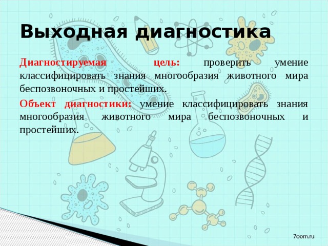 Выходная диагностика Диагностируемая цель: проверить умение классифицировать знания многообразия животного мира беспозвоночных и простейших. Объект диагностики: умение классифицировать знания многообразия животного мира беспозвоночных и простейших. 