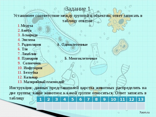 Задание 1 Установите соответствие между группой и объектом, ответ записать в таблицу ответов: Медуза Амёба  Аскарида  Эвглена  Радиолярия    А. Одноклеточные  Тля  Лямблия  Планария     Б. Многоклеточные  Солнечник  Инфузория  Беззубка  Кальмар  Малярийный плазмодий Медуза Амёба  Аскарида  Эвглена  Радиолярия    А. Одноклеточные  Тля  Лямблия  Планария     Б. Многоклеточные  Солнечник  Инфузория  Беззубка  Кальмар  Малярийный плазмодий Медуза Амёба  Аскарида  Эвглена  Радиолярия    А. Одноклеточные  Тля  Лямблия  Планария     Б. Многоклеточные  Солнечник  Инфузория  Беззубка  Кальмар  Малярийный плазмодий Инструкция: данных представителей царства животных распределить на две группы, какое животное к какой группе относиться. Ответ записать в таблицу 1 2 3 4 5 6 7 8 9 10 11 12 13 