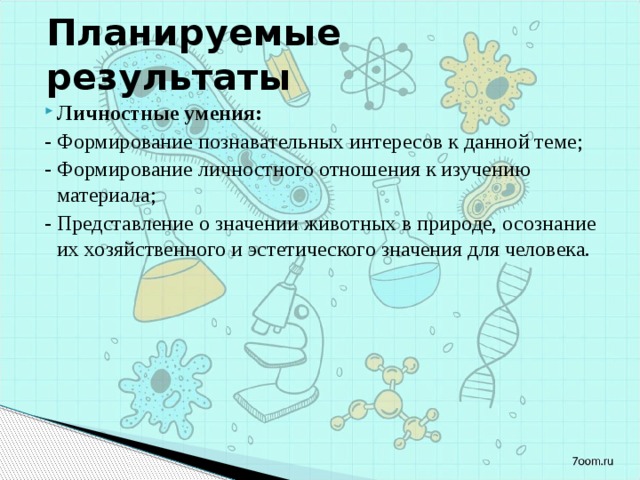 Планируемые результаты Личностные умения: - Формирование познавательных интересов к данной теме; - Формирование личностного отношения к изучению материала; - Представление о значении животных в природе, осознание их хозяйственного и эстетического значения для человека.         