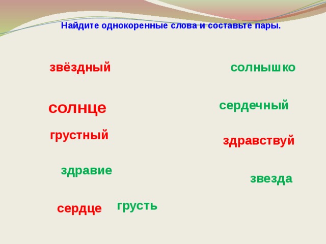 Найдите однокоренные слова и составьте пары. звёздный солнышко    солнце   сердечный грустный  здравствуй здравие звезда грусть сердце  