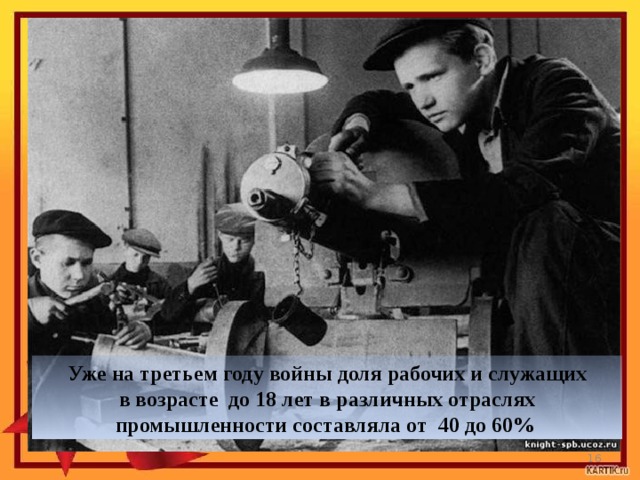 Уже на третьем году войны доля рабочих и служащих  в возрасте  до 18 лет в различных отраслях  промышленности составляла от  40 до 60%  