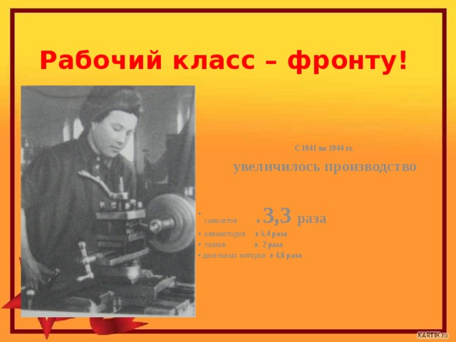 Рабочий класс – фронту! С 1941 по 1944 гг. увеличилось производство   самолетов в  3,3 раза  авиамоторов в 5,4 раза  танков в 2 раза дизельных моторов в 4,6 раза 
