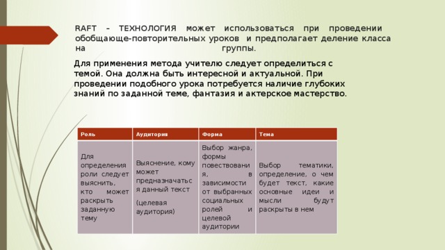 RAFT – ТЕХНОЛОГИЯ  может использоваться при проведении обобщающе-повторительных уроков и предполагает деление класса на группы.   Для применения метода учителю следует определиться с темой. Она должна быть интересной и актуальной. При проведении подобного урока потребуется наличие глубоких знаний по заданной теме, фантазия и актерское мастерство. Роль Аудитория Для определения роли следует выяснить, кто может раскрыть заданную тему Форма Выяснение, кому может предназначаться данный текст Тема Выбор жанра, формы повествования, в зависимости от выбранных социальных ролей и целевой аудитории (целевая аудитория) Выбор тематики, определение, о чем будет текст, какие основные идеи и мысли будут раскрыты в нем 