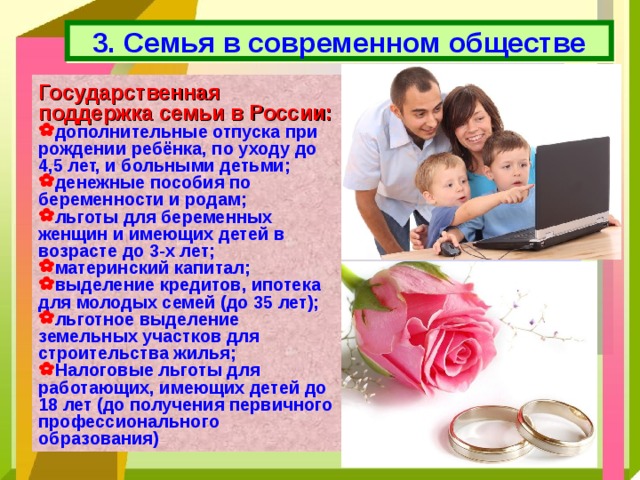 3. Семья в современном обществе Государственная поддержка семьи в России: дополнительные отпуска при рождении ребёнка, по уходу до 4,5 лет, и больными детьми; денежные пособия по беременности и родам; льготы для беременных женщин и имеющих детей в возрасте до 3-х лет; материнский капитал; выделение кредитов, ипотека для молодых семей (до 35 лет); льготное выделение земельных участков для строительства жилья; Налоговые льготы для работающих, имеющих детей до 18 лет (до получения первичного профессионального образования) 