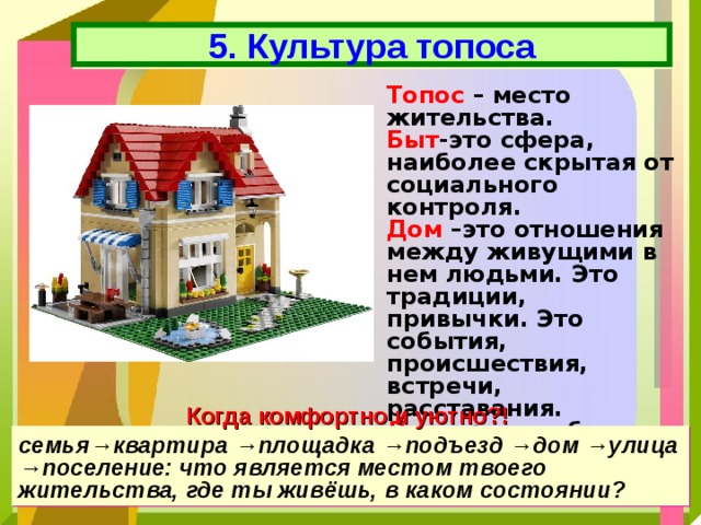 5. Культура топоса Топос – место жительства. Быт -это сфера, наиболее скрытая от социального контроля. Дом –это отношения между живущими в нем людьми. Это традиции, привычки. Это события, происшествия, встречи, расставания. Дом – это особая сфера культуры. Когда комфортно и уютно?! семья →квартира →площадка →подъезд →дом →улица →поселение: что является местом твоего жительства, где ты живёшь, в каком состоянии? 