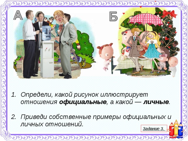 Определи, какой рисунок иллюстрирует отношения официаль­ные , а какой — личные .  Приведи собственные примеры офици­альных и личных отношений. Задание 3. 