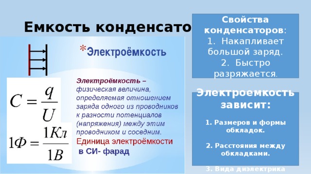 Емкость конденсатора Свойства конденсаторов : 1. Накапливает большой заряд. 2. Быстро разряжается . Электроемкость зависит:  1. Размеров и формы обкладок.  2. Расстояния между обкладками.  3. Вида диэлектрика 