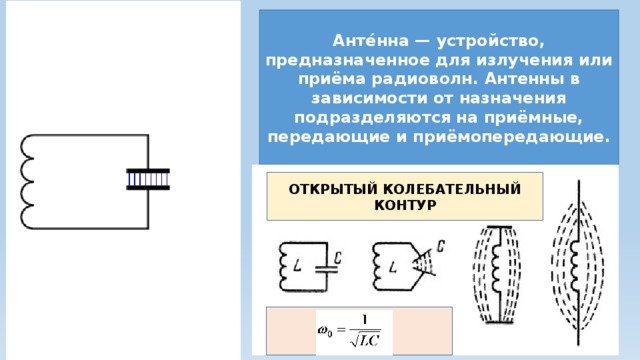 Анте́нна — устройство, предназначенное для излучения или приёма радиоволн. Антенны в зависимости от назначения подразделяются на приёмные, передающие и приёмопередающие. ОТКРЫТЫЙ КОЛЕБАТЕЛЬНЫЙ КОНТУР 
