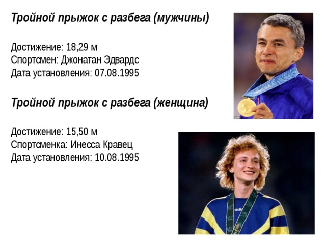 Тройной прыжок с разбега (мужчины) Достижение: 18,29 м Спортсмен: Джонатан Эдвардс Дата установления: 07.08.1995  Тройной прыжок с разбега (женщина)  Достижение: 15,50 м Спортсменка: Инесса Кравец Дата установления: 10.08.1995   