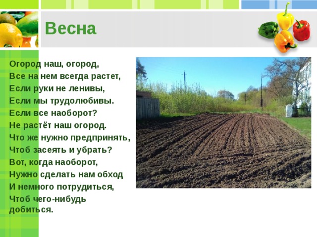 Весна Огород наш, огород, Все на нем всегда растет, Если руки не ленивы, Если мы трудолюбивы. Если все наоборот? Не растёт наш огород. Что же нужно предпринять, Чтоб засеять и убрать? Вот, когда наоборот, Нужно сделать нам обход И немного потрудиться, Чтоб чего-нибудь добиться. 