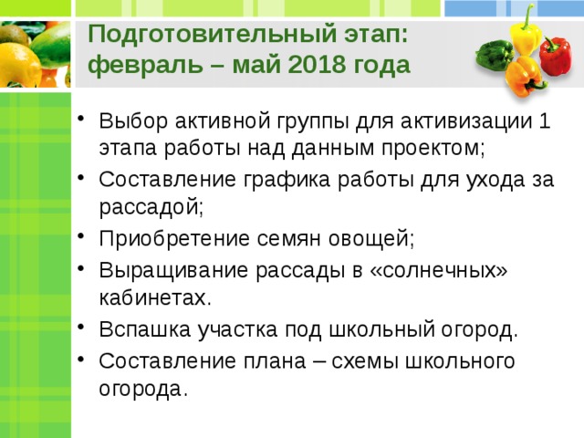 Подготовительный этап: февраль – май 2018 года   Выбор активной группы для активизации 1 этапа работы над данным проектом; Составление графика работы для ухода за рассадой; Приобретение семян овощей; Выращивание рассады в «солнечных» кабинетах. Вспашка участка под школьный огород. Составление плана – схемы школьного огорода. 