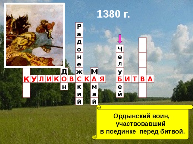 1380 г. Р а  д  о  Ч   е н  Л е  Д ж М  у  Л У К Б Т И А В А Я С В О К К И  к м н е   и  а й й й Ордынский воин, участвовавший в поединке перед битвой. 