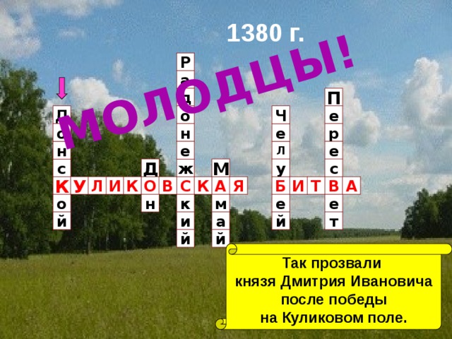 МОЛОДЦЫ! 1380 г. Р а П д Д е о Ч о н р е е н е Л Д с М с у ж Л У К Б Т А А В И И К О К С Я В е н е к м о й т а и й й й Так прозвали князя Дмитрия Ивановича  после победы на Куликовом поле.  