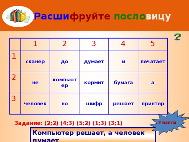 Расши фруйте  посло вицу 1 1 сканер 2 2 не 3 до 3 человек думает компьютер 4 кормит и 5 но печатает шифр бумага а решает принтер 2 балла Задание: (2;2) (4;3) (5;2) (1;3) (3;1) Компьютер решает, а человек думает 
