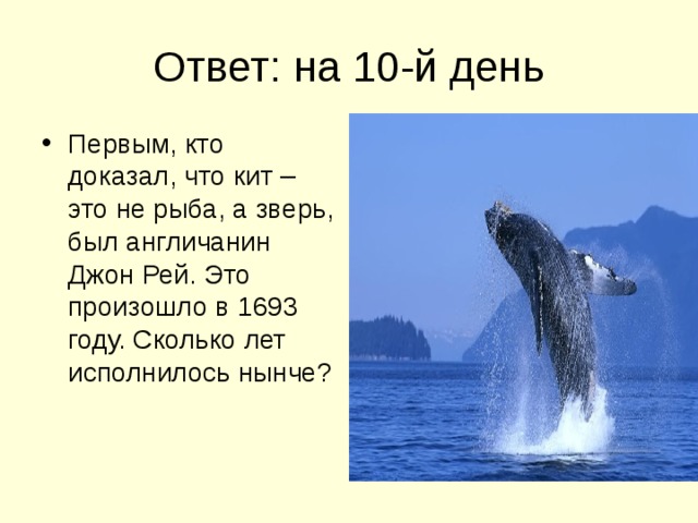 Ответ: на 10-й день Первым, кто доказал, что кит – это не рыба, а зверь, был англичанин Джон Рей. Это произошло в 1693 году. Сколько лет исполнилось нынче? 