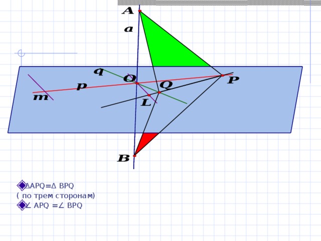 ∆ APQ= ∆ BPQ ( по трем сторонам) ∠ APQ  = ∠ ВPQ 