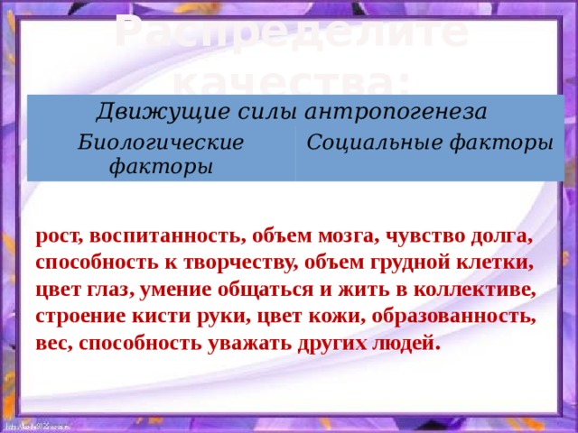 Распределите качества: Движущие силы антропогенеза Биологические факторы Социальные факторы рост, воспитанность, объем мозга, чувство долга, способность к творчеству, объем грудной клетки, цвет глаз, умение общаться и жить в коллективе, строение кисти руки, цвет кожи, образованность, вес, способность уважать других людей. 