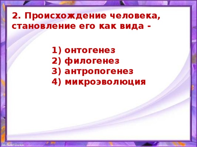 2. Происхождение человека, становление его как вида -   1) онтогенез  2) филогенез  3) антропогенез  4) микроэволюция  