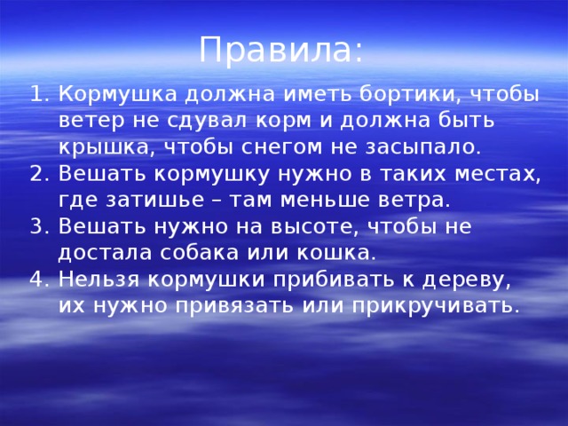 Правила: Кормушка должна иметь бортики, чтобы ветер не сдувал корм и должна быть крышка, чтобы снегом не засыпало. Вешать кормушку нужно в таких местах, где затишье – там меньше ветра. Вешать нужно на высоте, чтобы не достала собака или кошка. Нельзя кормушки прибивать к дереву, их нужно привязать или прикручивать. 