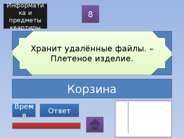 Информатика и предметы квартиры 8 Хранит удалённые файлы. – Плетеное изделие. Корзина Ответ Время 