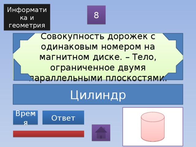 Информатика и геометрия 8 Совокупность дорожек с одинаковым номером на магнитном диске. – Тело, ограниченное двумя параллельными плоскостями. Цилиндр Ответ Время 