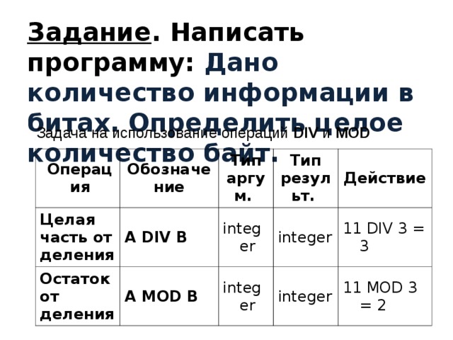 Задание . Написать программу: Дано количество информации в битах. Определить целое количество байт. Задача на использование операций DIV и  MOD  Операция Целая часть от деления Обозначение Остаток от деления A DIV B Тип аргум. Тип результ. integer A MOD B Действие integer integer 11 DIV 3 = 3 integer 11 MOD 3 = 2