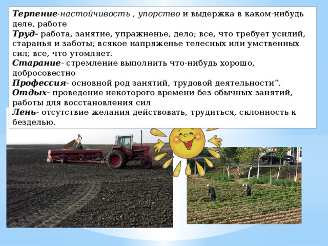 . Терпение -настойчивость , упорство и выдержка в каком-нибудь деле, работе Труд - работа, занятие, упражненье, дело; все, что требует усилий, старанья и заботы; всякое напряженье телесных или умственных сил; все, что утомляет. Старание - стремление выполнить что-нибудь хорошо, добросовестно Профессия - основной род занятий, трудовой деятельности”. Отдых - проведение некоторого времени без обычных занятий, работы для восстановления сил Лень - отсутствие желания действовать, трудиться, склонность к безделью. 