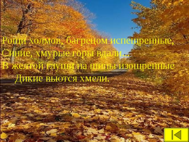 Рощи холмов, багрецом испещренные, Синие, хмурые горы вдали... В желтой глуши на шипы изощренные  Дикие вьются хмели.  
