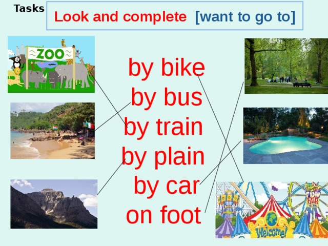  Tasks Look and complete [want to go to]    by bike  by bus  by train  by plain  by car  on foot 